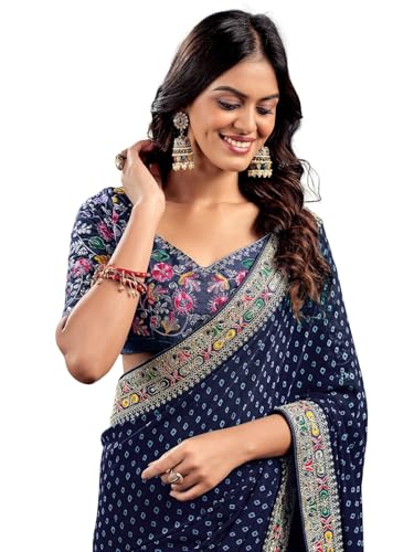 Satrani Women's Georgette Sequence Embroidery Lace & Bandhani Printed Saree with Unstitched Blouse Piece (4115S906NY_Navy Blue)