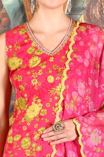 W for Woman Pink Floral Printed Sleeveless Short Kurta, Sharara and Dupatta Set (Size: XL)-24AUWS11567-124154