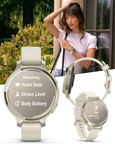 Wearable4U Garmin Lily 2 Active, Lunar Gold with Bone Silicone Band, Small and Stylish Smartwatch, Built-in GPS, Hidden Display, Patterned Lens, Up to 9 Days Battery Life Power Bank Bundle