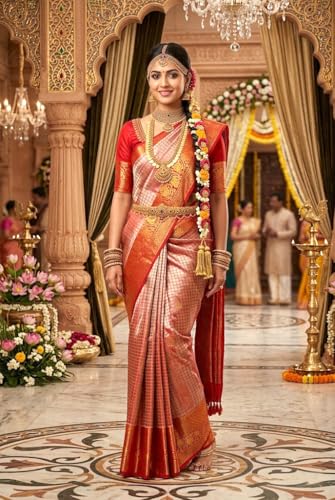 VFCollections Women's Traditional Handloom Kanchipuram Silk Pure Pattu Sarees | Rich Zari Woven Design | Unstitched Blouse (Red.)