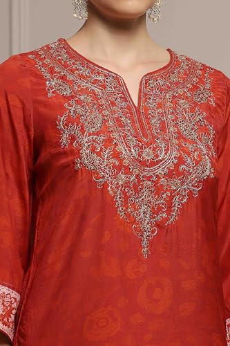 Biba Women Burnt Orange Viscose Blend Straight Printed Suit Set_42