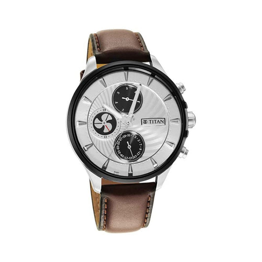 Titan Regalia Maritime White Dial Quartz Multifunction Leather Strap Watch for Men-NS1873KL01