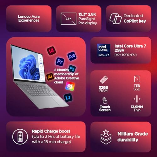 Lenovo Smartchoice Yoga Slim 7 Aura Edition, Intel Core Ultra 7 258V, 47 Tops, Copilot+ AI PC, 32GB RAM, 1TB SSD, 15"(38.86cm), Windows 11, MS Office Home 2024, Grey, 1.53Kg, 83HM004NIN, AI Laptop