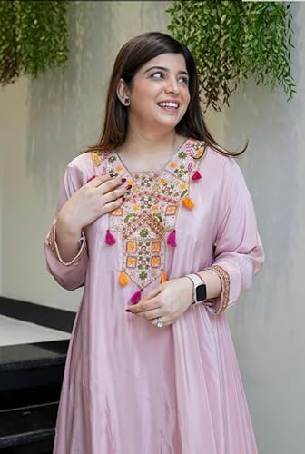 AVYUKTHA | Women Ethnic Motifs Embroidered Empire Kurta Set with Trors & Dupatta | Thread Work Fit Ethnic for Women | Pink | Size- XL