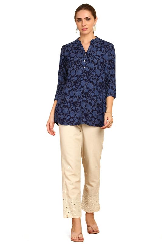 Soch Womens Navy Blue Floral Printed Mandarin Collar Rayon Tunic
