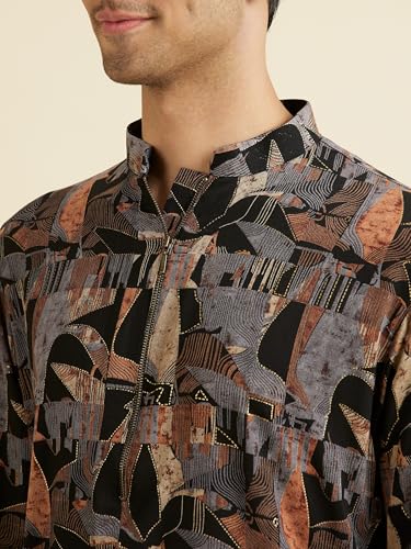 Manyavar Men's Spandex Abstract Metallic Gold Print Kurta(Black,XL)