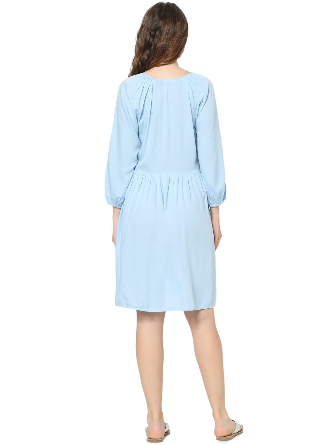 VERO MODA Women's Viscose A-Line Knee-Length Dress (231310101-Blue Bell_Blue M)