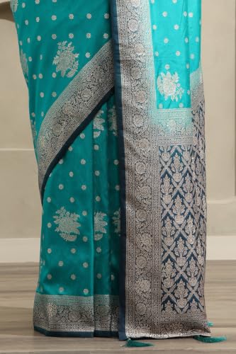 Soch Womens Turquoise Blue Viscose Botanical Zari Woven Saree With Stone Work