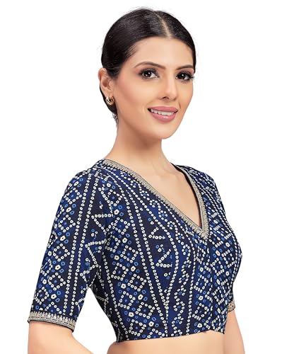 Studio Shringaar Women's Bandhni Printed & Embroidered Saree Blouse with Elbow Length Sleeves (Navy Blue, 44)