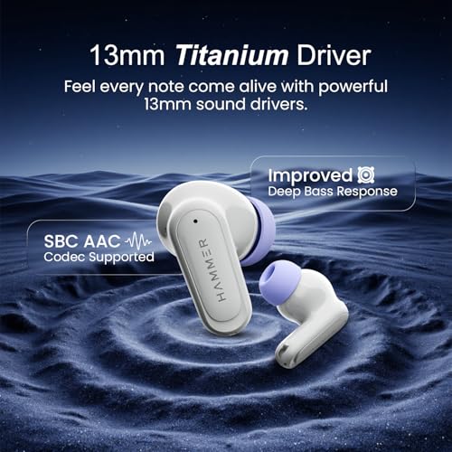 HAMMER Airflow Neo Earbuds with 80H Playtime, 13mm Titanium Driver, 40ms Gaming Mode, Fast Charging Buds, Type-C Charging, Voice Assistant, Lightweight Dual-Tone Design (Grey)