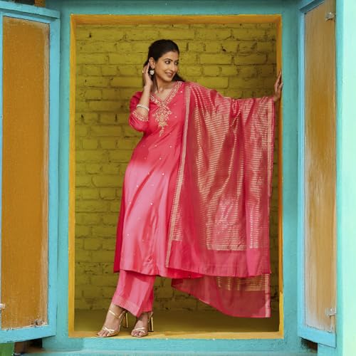BIBA Women Rayon Straight Suit Set (SKDRIVAYAT9536SS24FUS_Pink