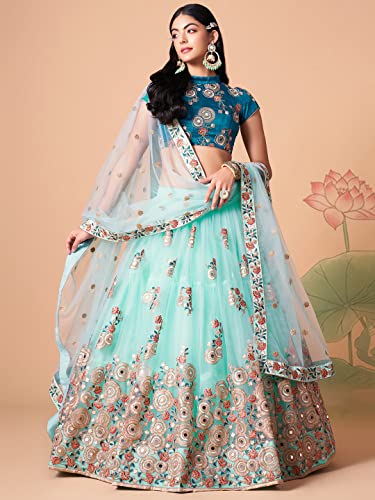 Zeel Clothing Women's Net Embroidered Semi-Stitched Bridal New Lehenga Choli with Dupatta (7320-SkyBlue-Wedding-Bridal-Latest; Free Size) (Sky Blue)