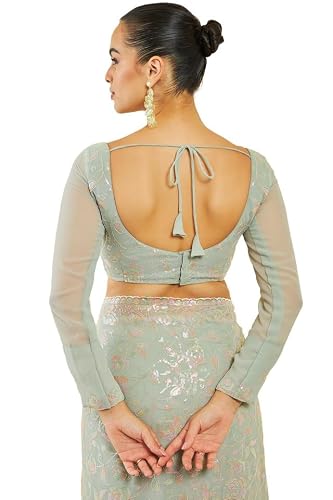 Soch Womens Sap Green Georgette Saree With Floral Embroidery And Sequins