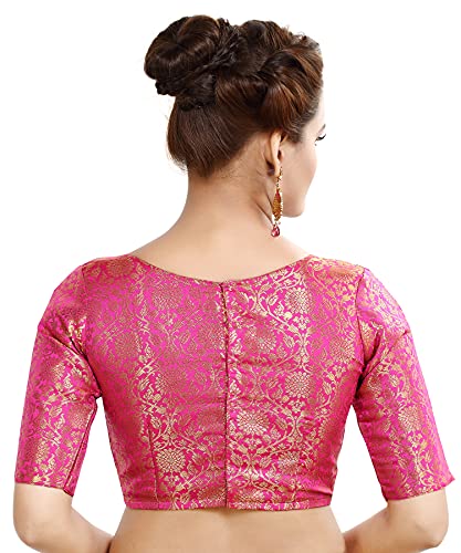 Madhu Fashion Womens Traditional Benaras Brocade Readymade Stitched Saree Half Sleeve Blouse (34, Pink)