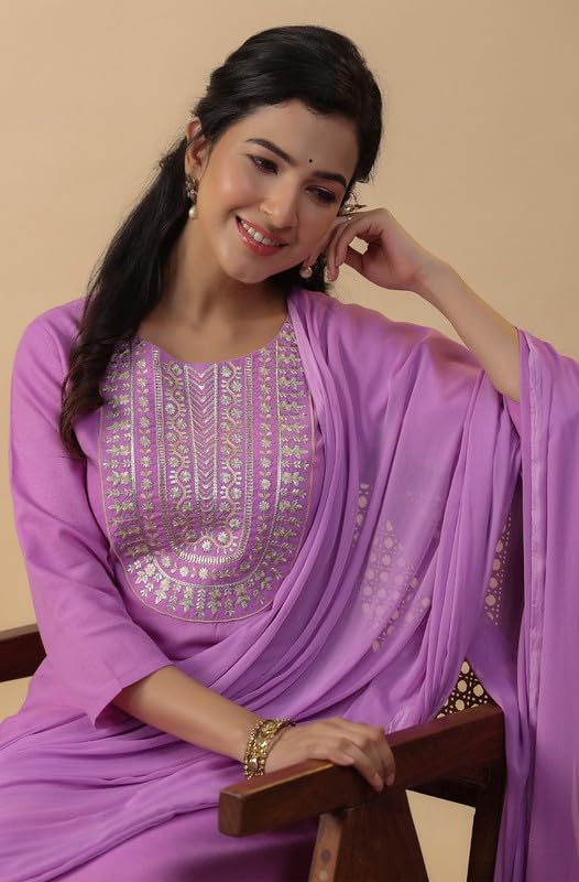 Anekha Women's Lavender Cotton Blend Yoke Embroidery Straight Kurta Set(ANC24ST00311-S)