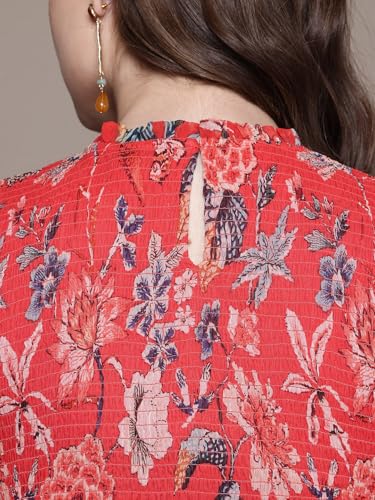 Label RITU KUMAR Closed Neck Full Sleeves Printed Short Dress Red