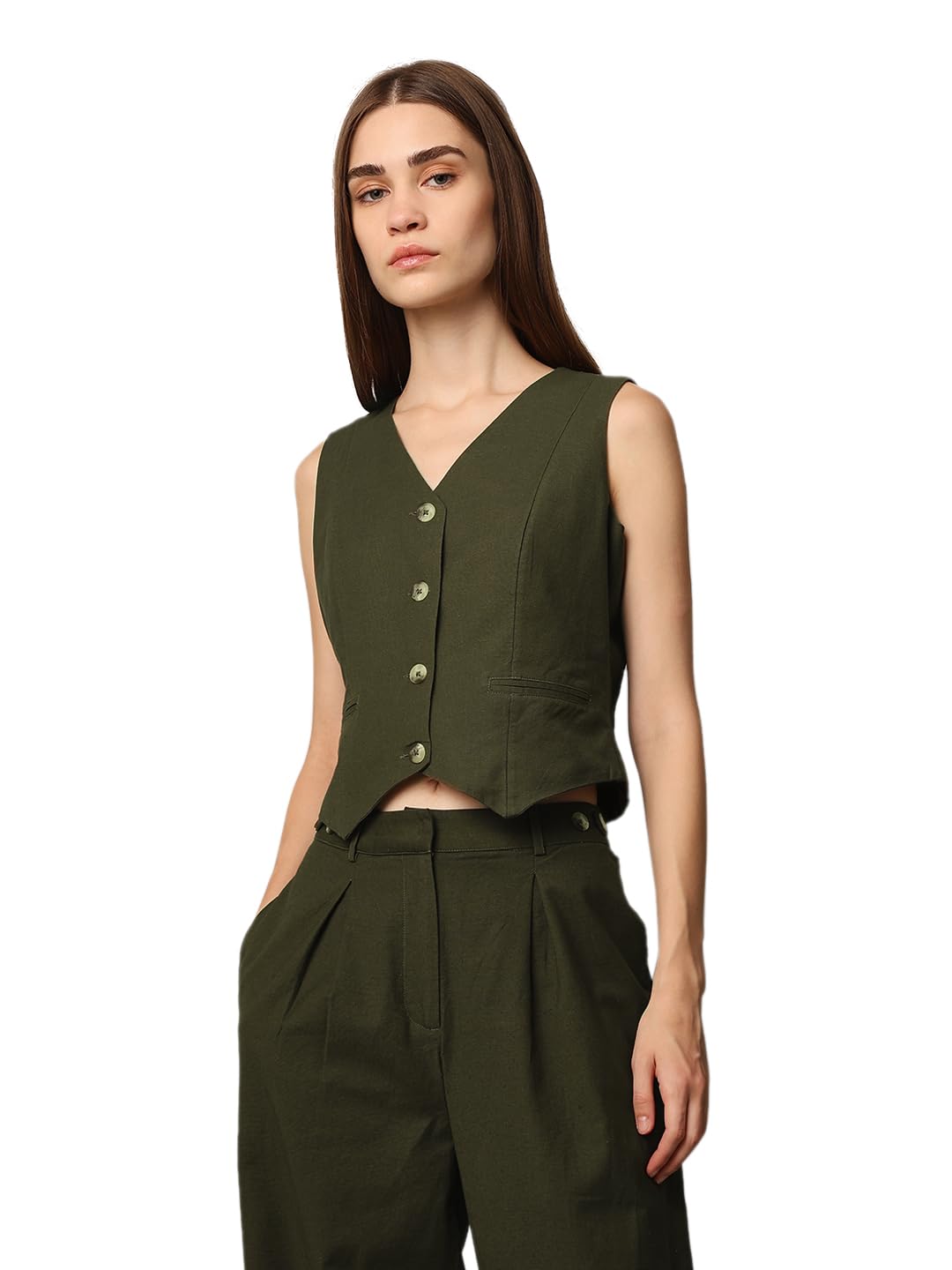 ONLY Women's Regular Fit Dark Green Waistcoat