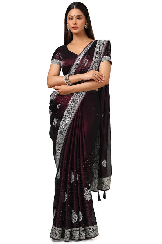 Soch Womens Wine Organza Zari Embroidered Saree With Stone Work