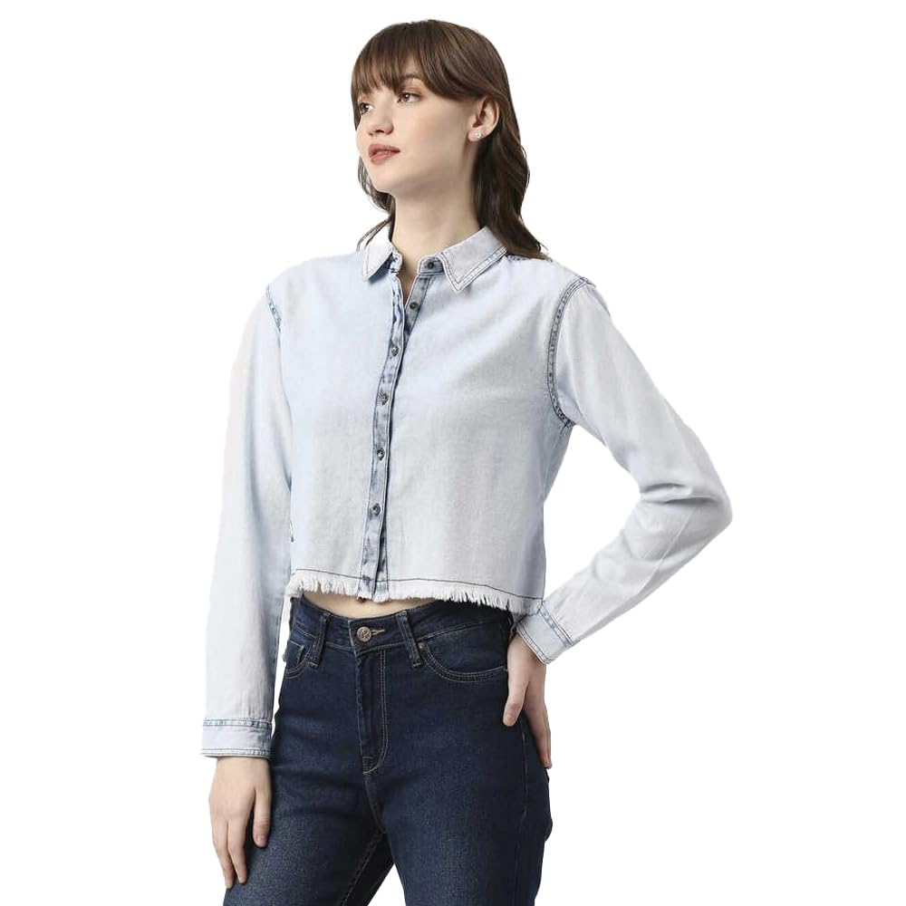 Pepe Jeans Solid Regular Neck Cotton Women's Casual Wear Shirt (Blue,Medium)