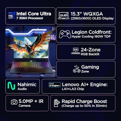 Lenovo Legion 5 2026 Intel Core Ultra 7 356H | NVIDIA RTX 5060 8GB (16GB RAM/512GB SSD/WQXGA OLED/165Hz/15.3" (38.3cm)/Windows 11/Office 2024+AI Now/Black/1.87Kg), 83RW004JIN AI Powered Gaming Laptop