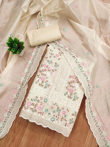 Leeli Peeri Designer Women's Chanderi Cotton Embroidery Work Unstitched Salwar Suit Dress Material