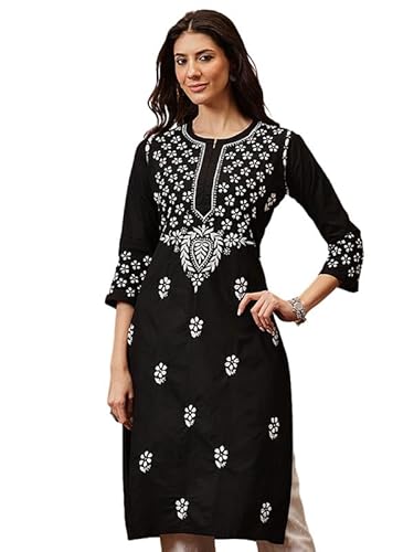 Ada Hand Embroidered Lucknowi Chikankari Cotton Kurta Kurti for Women A411750 Black (XL)