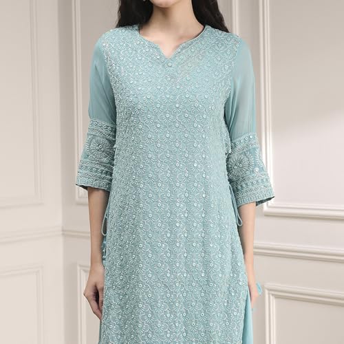 Biba Women's Cotton Blend Embroidered Straight Kurta (SKDMWR10867AW25POBL_Powder Blue