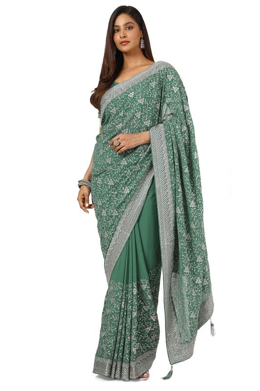 Soch Womens Light Green Georgette Embroidered Saree With Stone Work