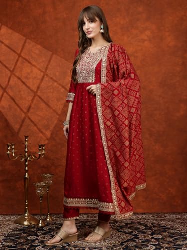 NIVANA Embroidered Anarkali Kurta with Pant & Bandhni Printed Dupatta | XL | Maroon | V-Neck | 3/4 Sleeves