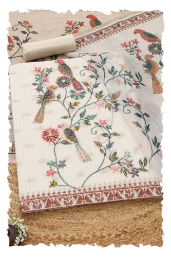 Soch Womens Beige Kota Botanical Printed Kantha Embroidered Dress Material