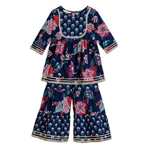 Hoscotch Girls Floral Navy 3/4th Sleeves 2 Piece Tulip Trail Cotton Kurti & Sharara For Ages (5-6 Years)