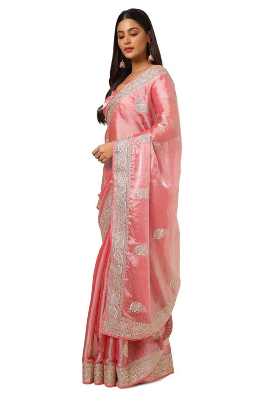 Soch Womens Peach Organza Embroidered Saree With Stone Work