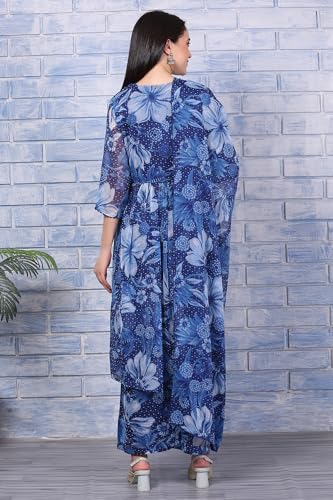 W for Woman Blue Floral Printed Lace Chiffon Straight Kurta, Parallel Pants and Dupatta Set (Size: 3XL)-WS13055-126479