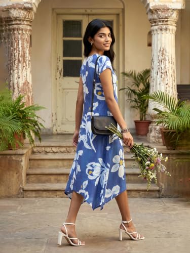 Max Women Floral Print Asymmetric Dress (Blue_M)