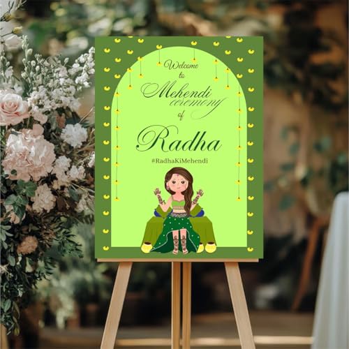Party Perfect Designs Mehndi Welcome Board, Personalised Name & Date, Multiple Design & Colour Options, 3mm and 5mm Thickness (Mehndi Neon Green)
