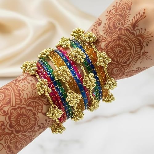 BANGLESKART 16pc dark Multi Color Glass Bangles Set Viral Kashmiri Ghungroo Chuda with Heavy Gold Guchha Charms Traditional Jewelry Women (pack of 2, 2.4)