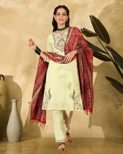 SheWill Kurta Set for Women Off White Silk Blend Zari Sequence Thread Embroidered Kurta with Pant and Dupatta