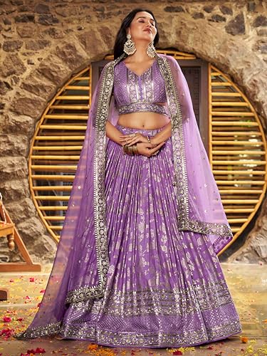 Zeel Clothing Women's Sequins Zari Embroidered Dola Silk Jacquard Lehenga Choli With Dupatta (7100-Women-Lehenga-Choli-Latest, Free size) (Lavender)