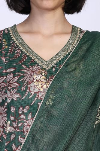 W for Woman Floral Printed Metallic Embroidered Flared Kota Doria Kurta with Pant and Dupatta Set - Green (WS13278-126619-L)