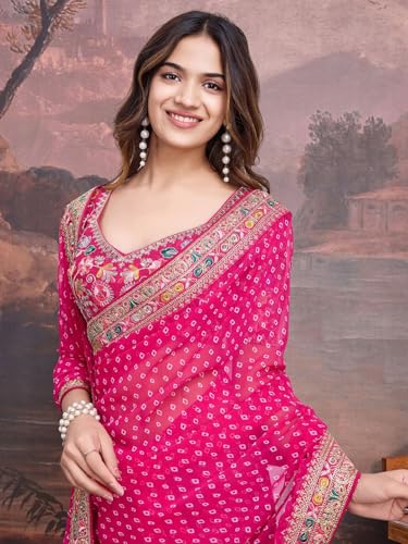 Panzora Women's Georgette Bandhani Printed Pink Saree With Embroidery Unstitched Blouse Piece