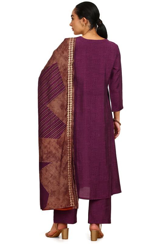 Soch Womens Wine Ethnic Print Notched Neck Muslin Blend Suit Set