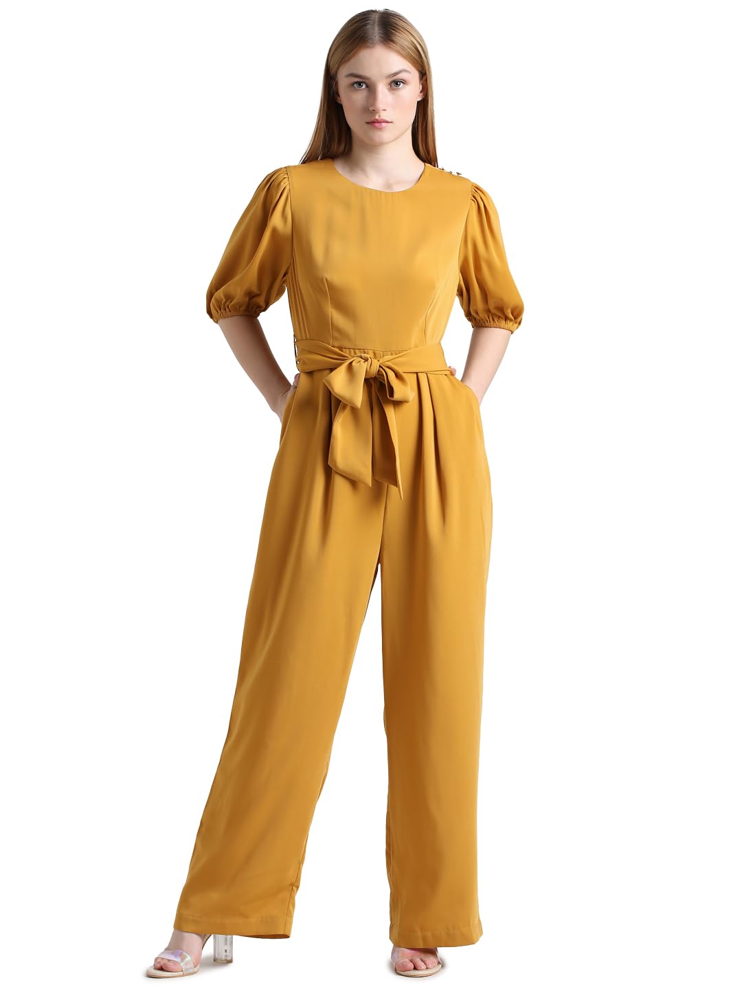 ONLY Women Solid Polyester Comfort Fit Yellow Jumpsuit