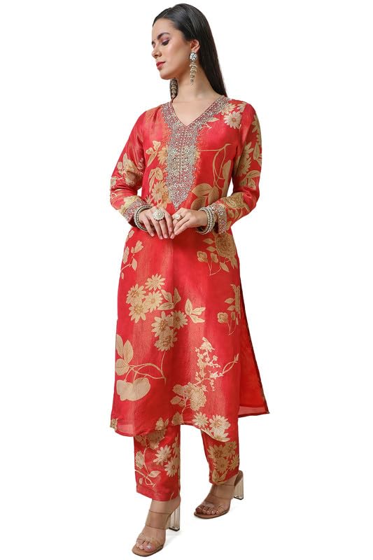 Soch Womens Orange Tissue Floral Print Suit Set with Dupatta