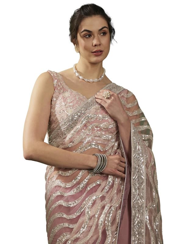 AKHILAM Women's Net Embellished Saree With Unstitched Blouse Piece(Pink_VEDNSHI2294A_VD)