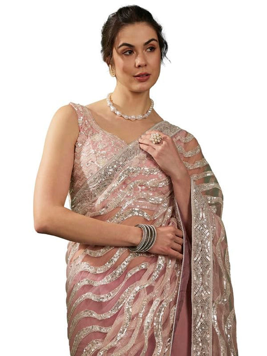 AKHILAM Women's Net Embellished Saree With Unstitched Blouse Piece(Pink_VEDNSHI2294A_VD)