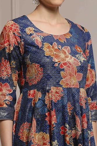 Biba Women Navy Cotton Anarkali Printed Suit Set_42