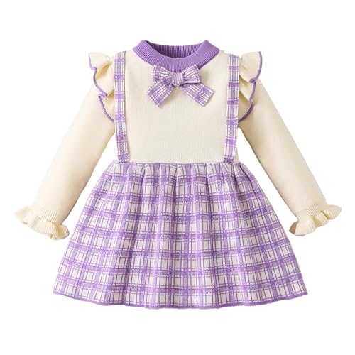 Hopscotch Girls Lavender Full Sleeves Checkered Bow Applique Dress for Age (18-24 Months)