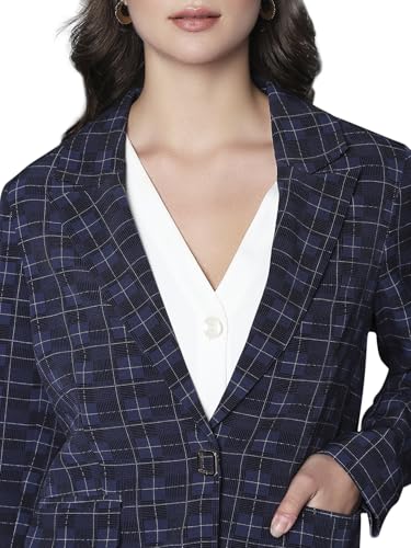 VERO MODA Women Checkered Polyester Blend Navy Blue Blazer