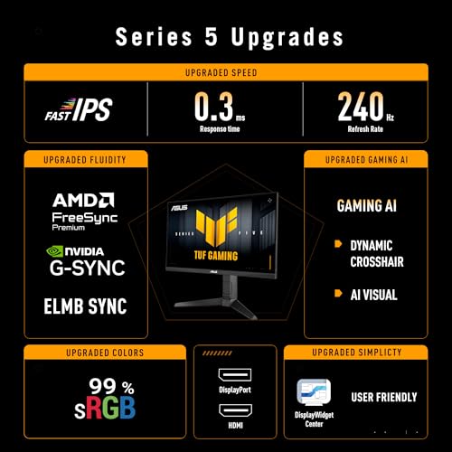 ASUS TUF Gaming Series 5 23.8” 1080P Monitor (VG249QML5A) - Fast-IPS, 240Hz, 0.3ms, G-SYNC Compatible, FreeSync Premium, 99% sRGB, Height Adjustable, DisplayWidget, Gaming AI, 3 yr Warranty