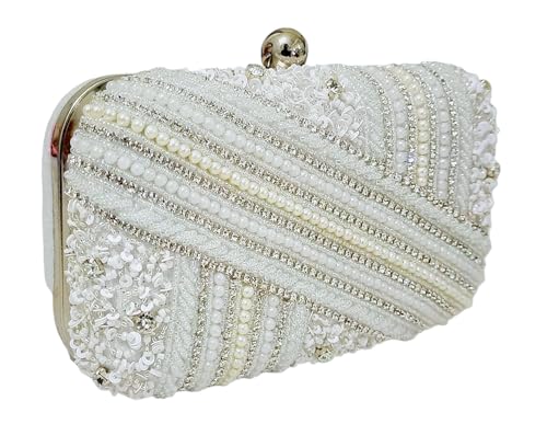 DUCHESS White Pearl Embellished Clutch for Women | Sequin & Beaded Party Purse | Elegant Wedding Handbag for Girls | Stylish Bridal Accessory | Designer Evening Bag for Festive Occasions